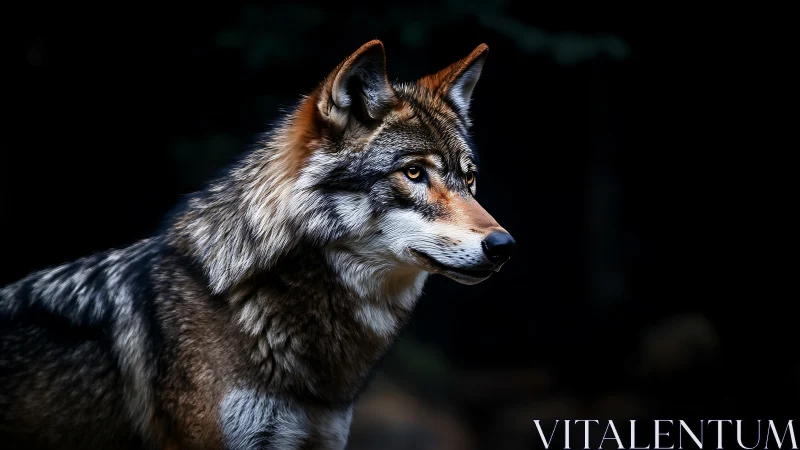 High-contrast lateral wolf portrait with shallow depth and rim lighting
