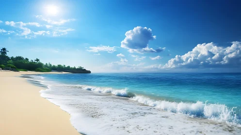 Sunlit tropical shoreline glows beneath a clear azure sky