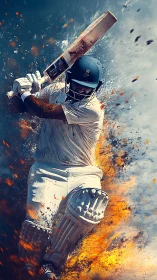 Cricket batsman drives ball through explosive fiery spray.