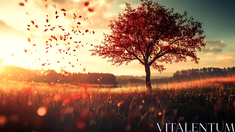 Digital painting of autumn tree in luminous sunset fieldscape.