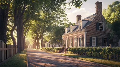 Tree-lined residential street with brick colonial house.