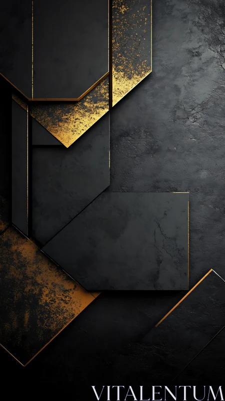 Black geometric panels with sharp gold metallic accents.