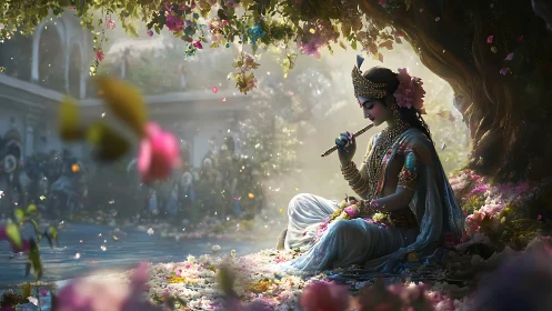 Digitally rendered deity flautist beneath florid banyan canopy.
