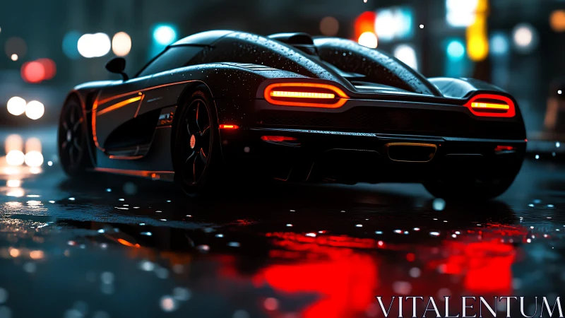 Sleek supercar glides through neon reflections at night.