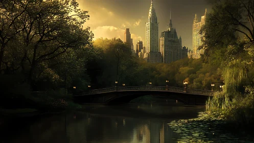 Golden hour urban park bridge frames neo-gothic skyline reflection