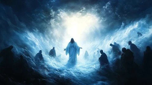 Central robed figure in luminous cloudscape with observers.