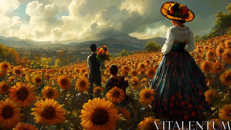 Sunlit family in traditional dress crossing vast sunflower field.