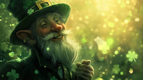 Leprechaun character in green forest with glowing clovers.
