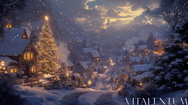 Snowy village street with large glowing Christmas tree.