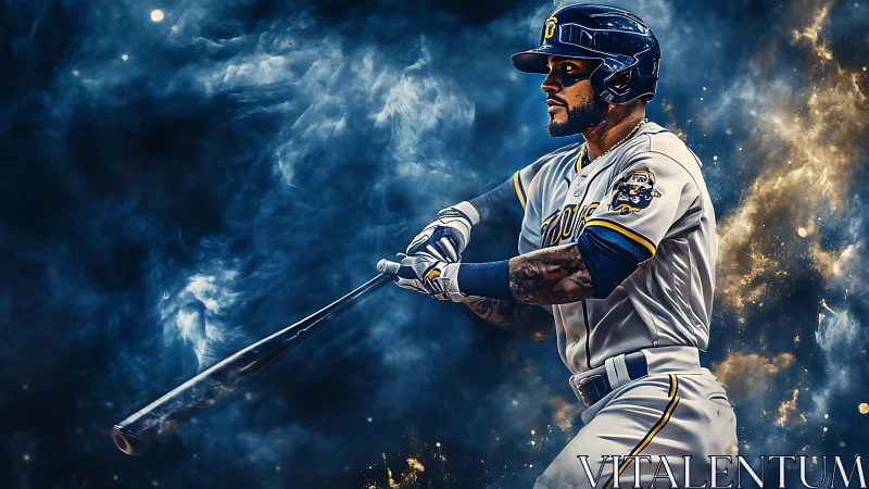 Starlit slugger carves power through swirling cosmic smoke.