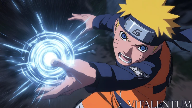 Blond ninja unleashes spiraling blue energy attack mid-charge