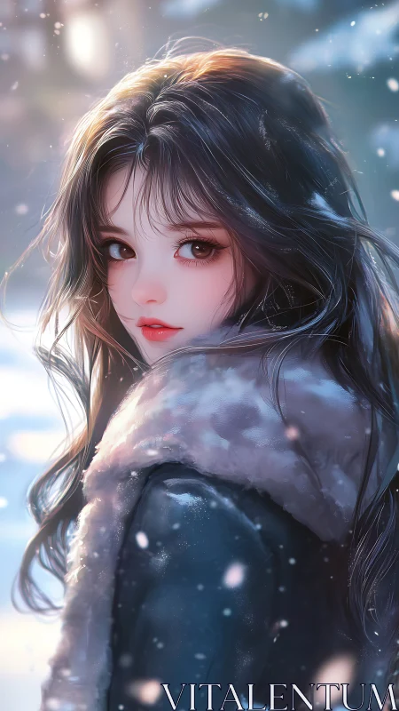Winter girl glows softly in falling snow and pale sunlight.