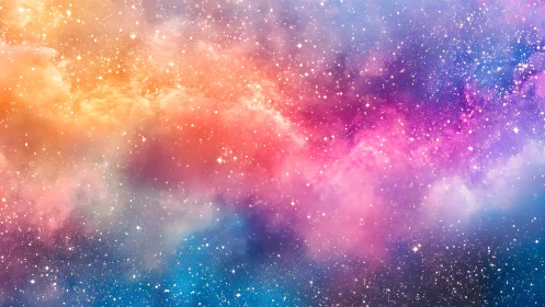 Stardust clouds glow in soft rainbow colors across deep space