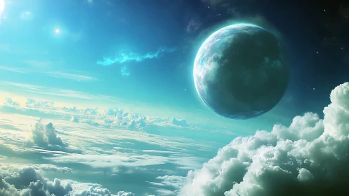Glowing blue planet rises beyond luminous celestial clouds