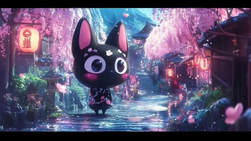 Black chibi cat under cherry blossoms in lantern street.