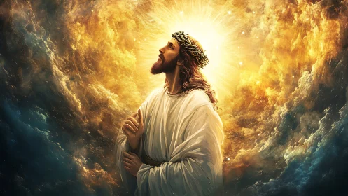 Robe-clad figure with crown of thorns amid radiant clouds.