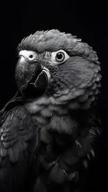Monochrome parrot portrait in dramatic studio chiaroscuro lighting.