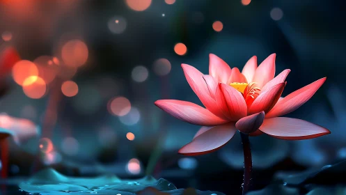 Coral lotus flower with bokeh luminescence in aquatic environment.