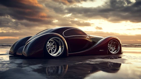Streamlined concept car on reflective beach shoreline at dusk.