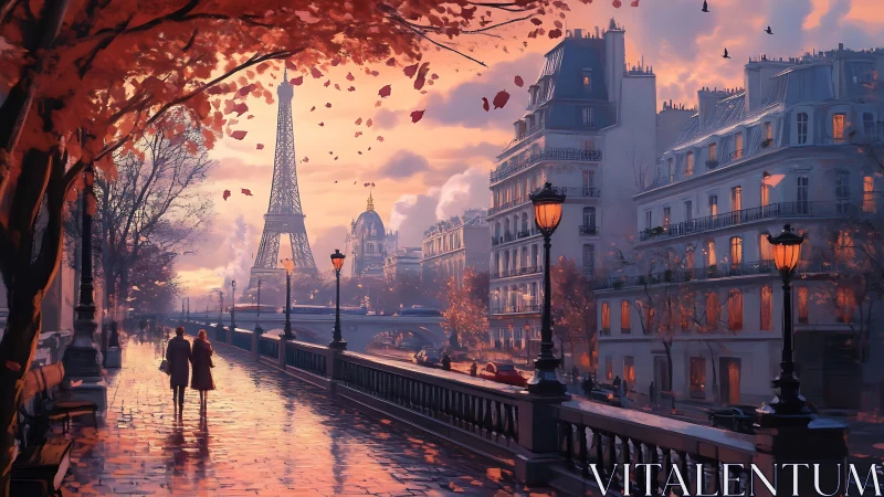 Digital painting of autumn Parisian boulevard at sunset glow.