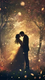 Couple silhouettes under golden autumn canopy at sunset.