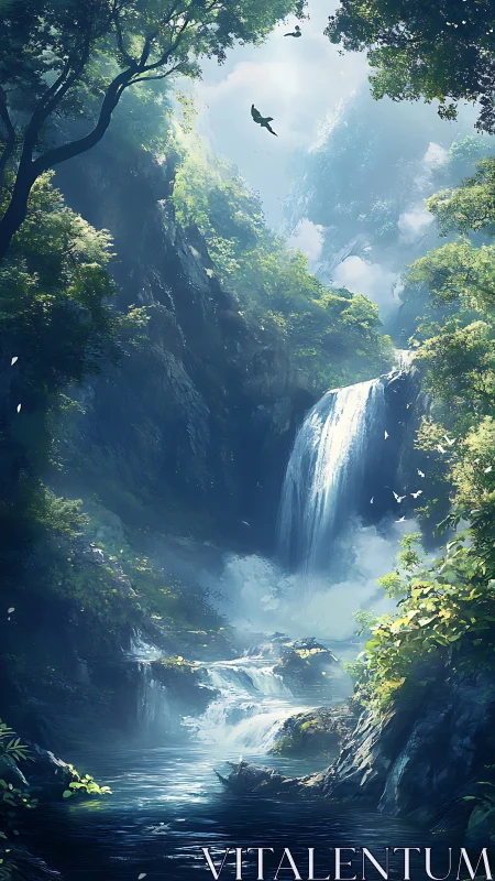 Vertical rainforest cascade rendered in luminous digital realism