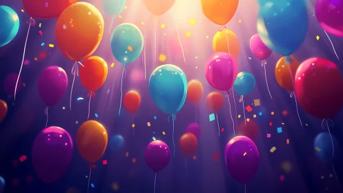 Vibrant Gradient Balloons Ascending Against Dark Background.