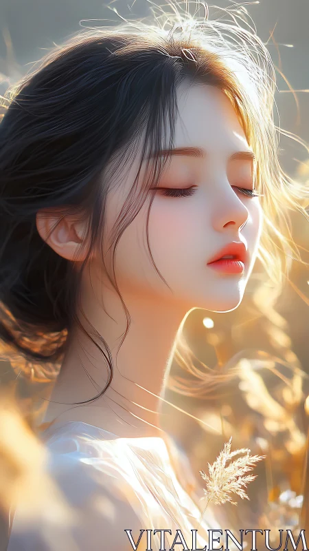 Young woman in soft backlight stands in sunlit field