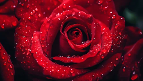 Deep Red Rose with Dew Drops in Macro Detail