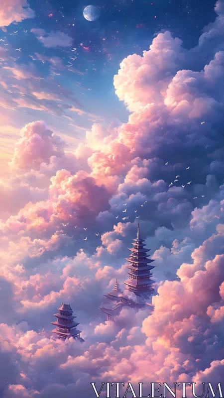 Celestial pagodas rising through iridescent pastel cloudscape.