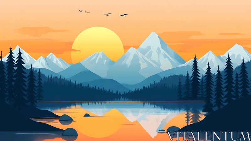 Mountain lake landscape with sunset and evergreen forest.