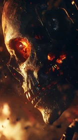 Burning metallic skull closeup with molten fiery eye sockets.