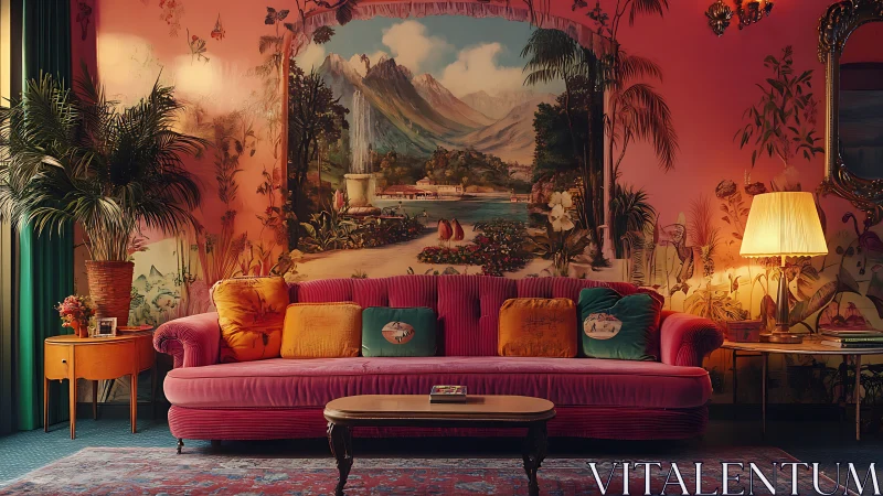 Velvet lounge with tropical mural in cinematic glow.