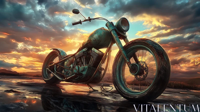Weathered turquoise custom chopper under dramatic sunset sky