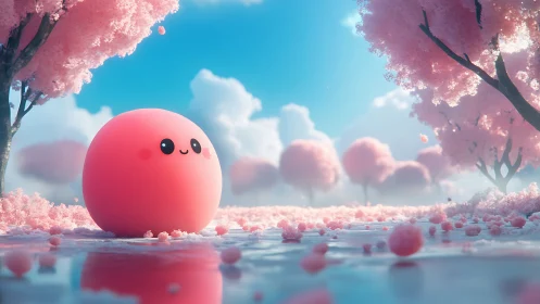 Smiling pink sphere rests in dreamy pastel blossom grove