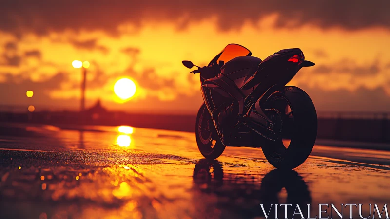 Sunset-soaked superbike waits patiently on rain-glossed asphalt