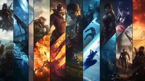 Segmented sci fi warriors in contrasting elemental battlegrounds.