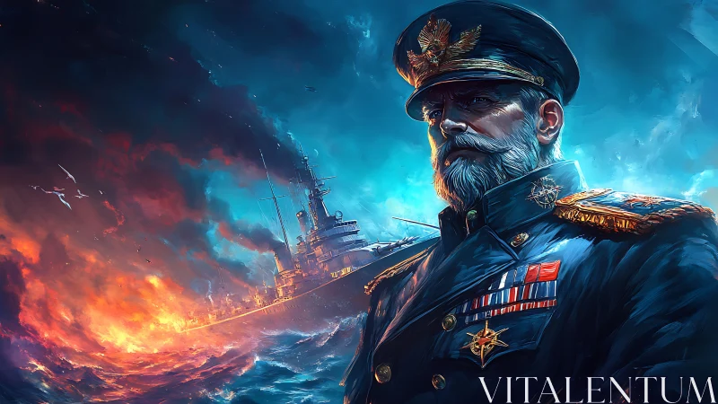 Naval admiral stands before burning warship at stormy sea