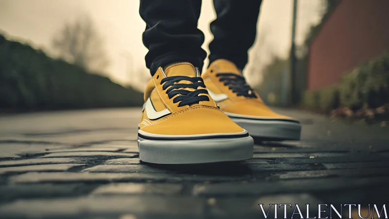 Yellow street sneakers on wet cobblestone pavement at dusk.