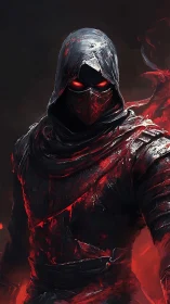Hooded spectral warrior with emissive red eyes in dynamic glow