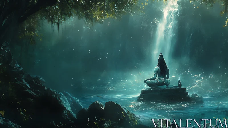 Meditating figure sits on river rock below luminous waterfall