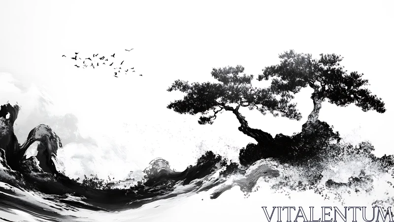 Ink-swept bonsai cliffs ride a storm of negative space.