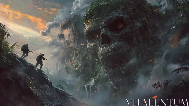 Soldiers approach colossal jungle skull cliff in volcanic mist