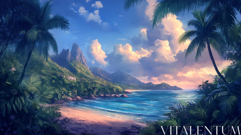 Tropical coastal landscape with island formation and atmospheric conditions
