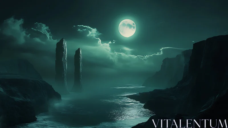 Moonlit sea canyon with towering monolith cliffs at night.