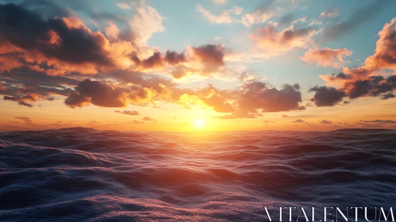 High-dynamic-range ocean sunset with volumetric clouds and waves