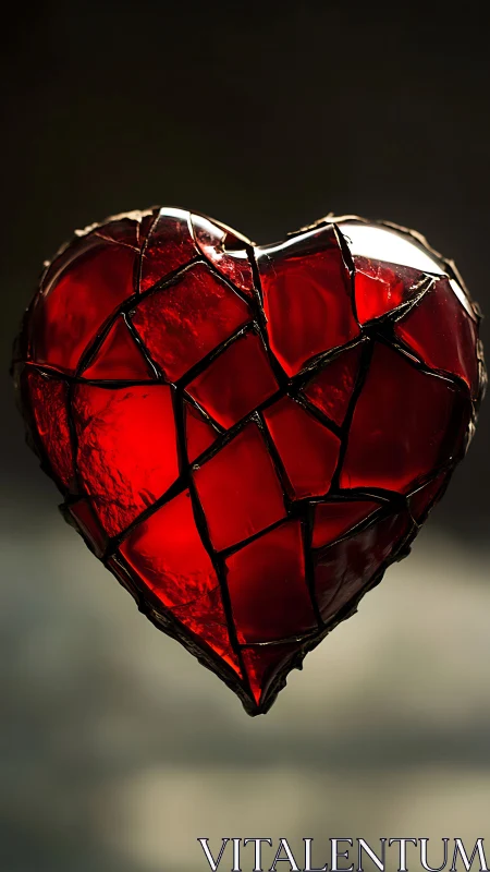Fragmented red glass heart against dark blurred background.