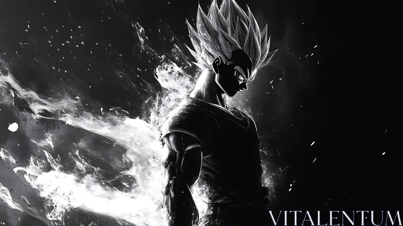 Silhouetted anime warrior ignites with blazing monochrome energy.