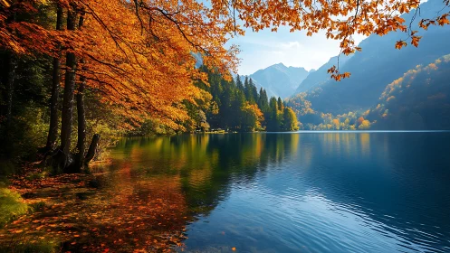 Golden lakeside autumn where mountains meet still water.