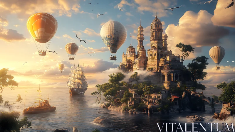 Fantasy aerial harbor with castellated island citadel at dusk.